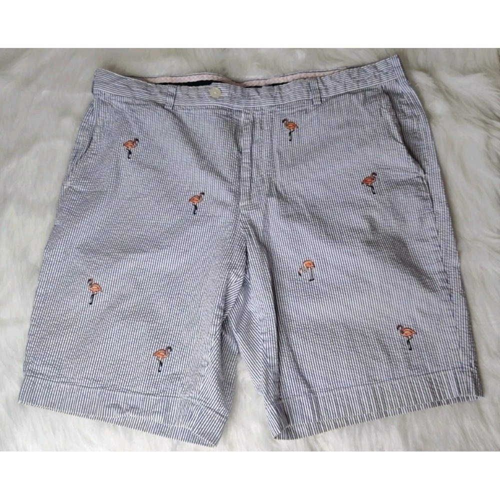 Brooks Brothers Bermuda Shorts Men 40 Blue White Seersucker Flamingo Embroidered